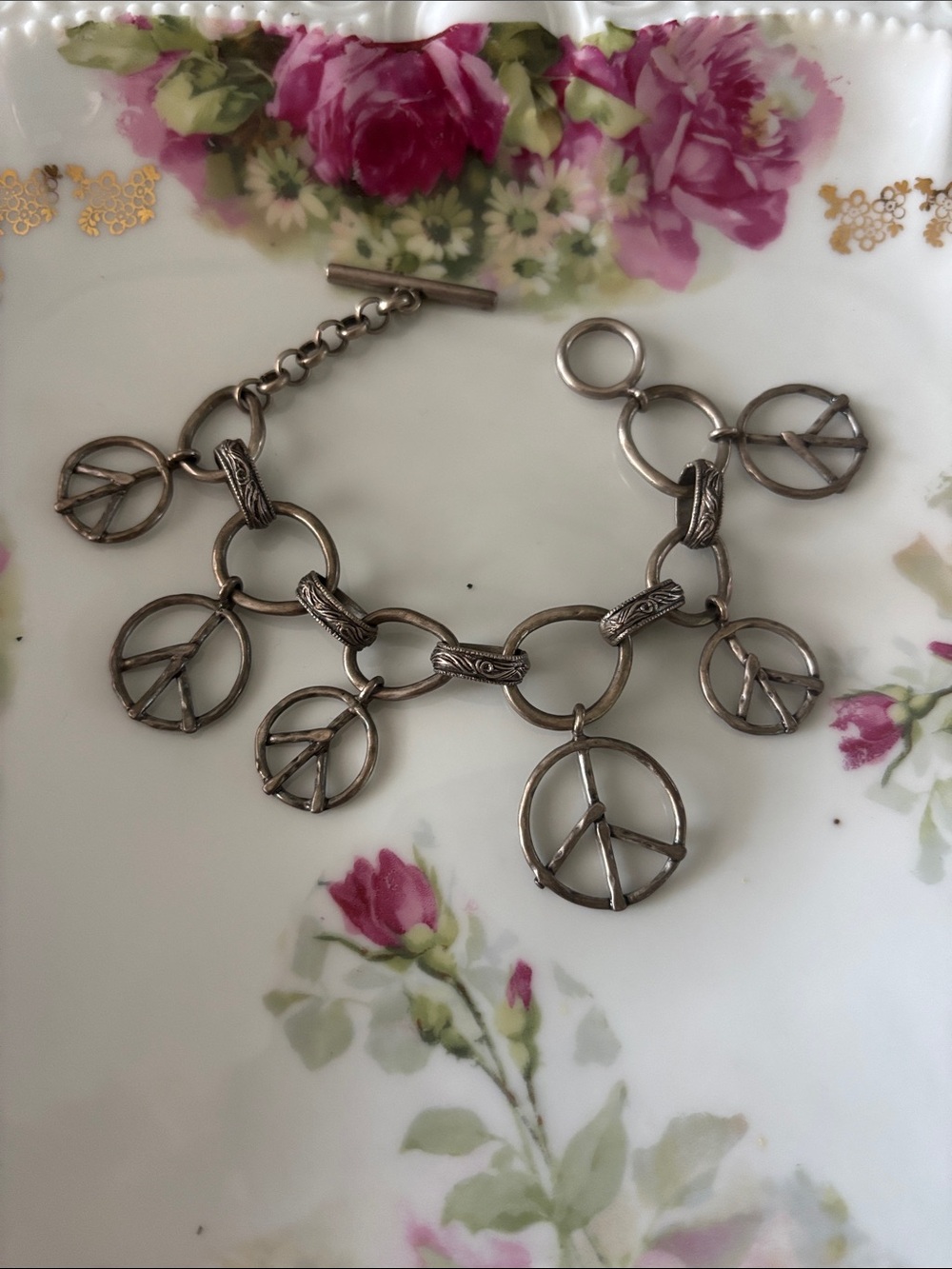 Stamp 10- Silver-Tone Peace Sign Charm Bracelet - Women Jewelry